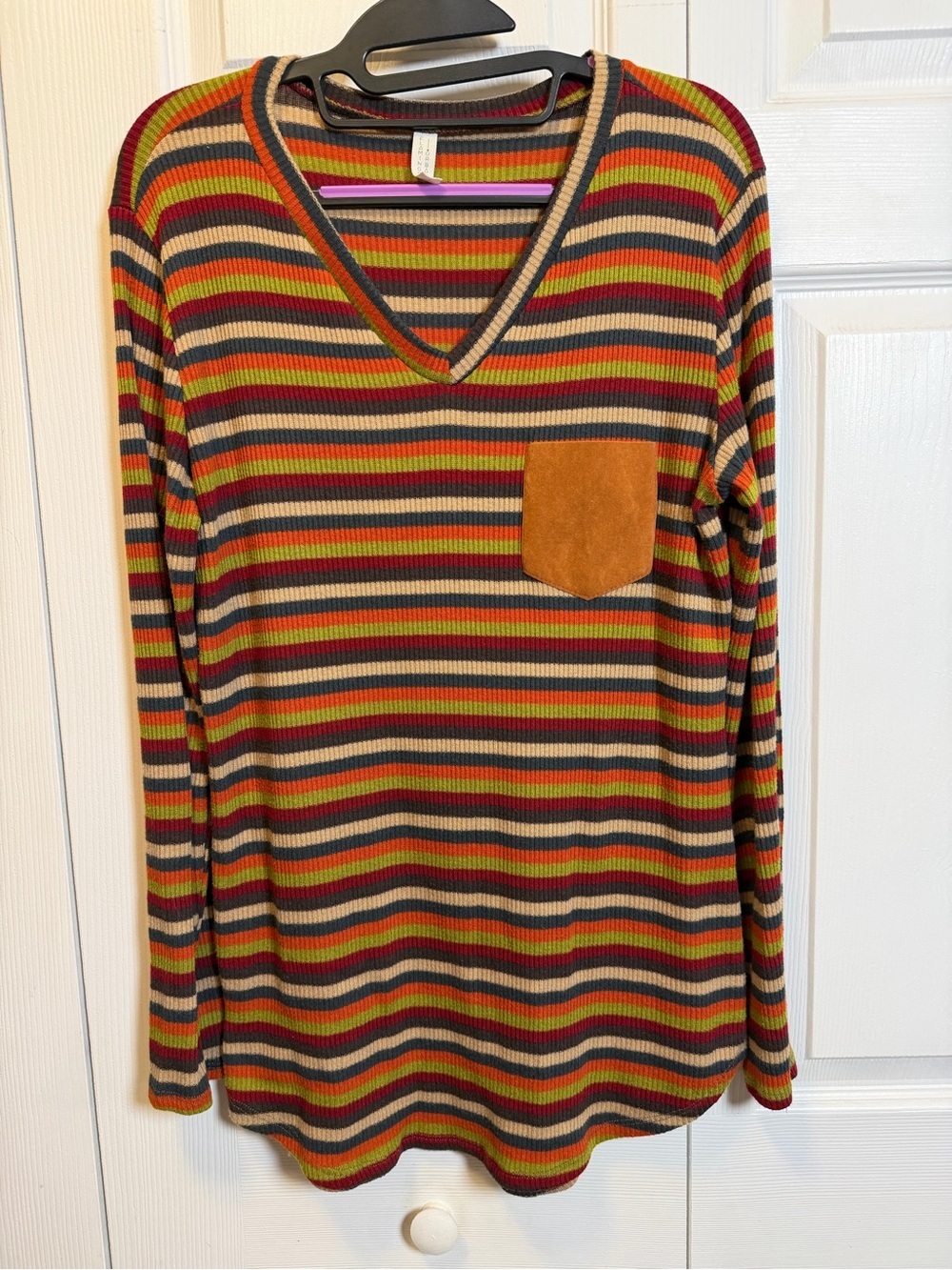 Flamingo Urban XL Ribbed Striped V Neck Long Sleeve Top Faux Suede Pocket Boho